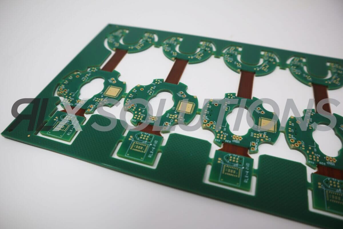 RLX rigid-flex PCB with green soldermask and polyimide flex ribbons