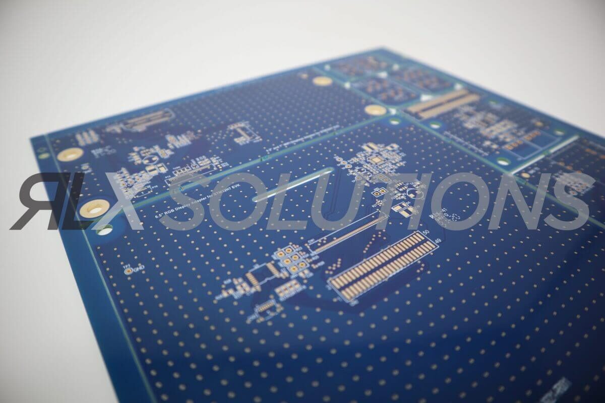 RLX blue soldermask PCB with high-density fine-pitch connector footprints
