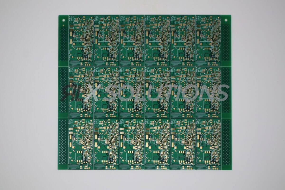 RLX green FR-4 production panel, multi-up with dense SMT footprints